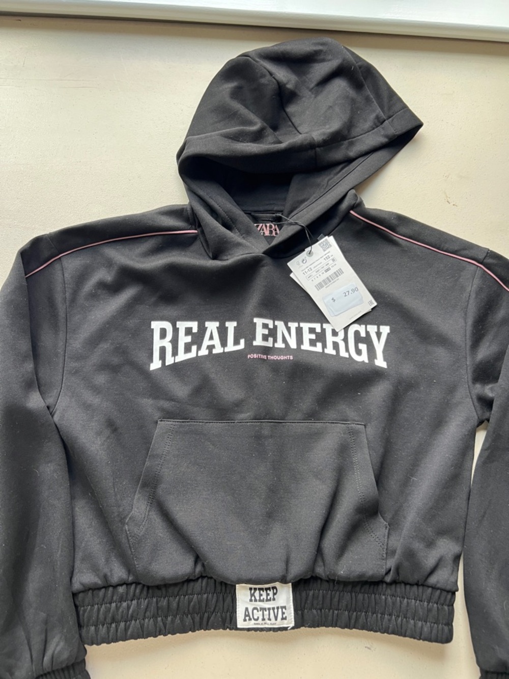 Zara Black Hooded Sweatshirt with White 'Real Energy' Print